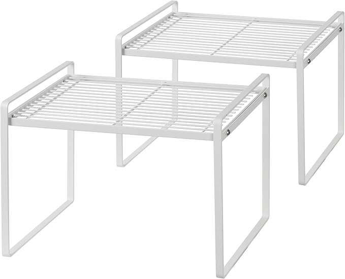 Shantton 2Pack Kitchen Cabinet Shelf Counter Organizer Rack Pantry Storage Bathroom Bedroom Office Table Desk Space Saving Stackable Rust Resistant Non Slip White Tall Wide L13.1in W10.6in H9.5in