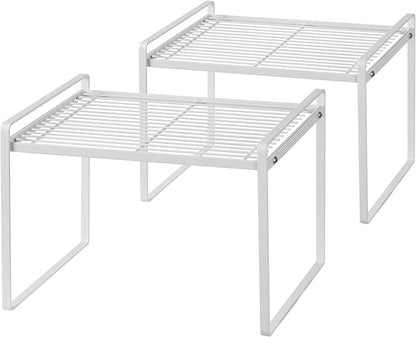 Shantton 2Pack Kitchen Cabinet Shelf Counter Organizer Rack Pantry Storage Bathroom Bedroom Office Table Desk Space Saving Stackable Rust Resistant Non Slip White Tall Wide L13.1in W10.6in H9.5in