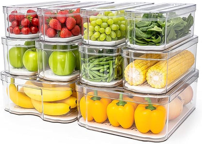 10 Pack Refrigerator Organizers, Clear Container and Organizer Bins with Lids, Stackable Storage Containers for Fruits, Vegetable (Set of 10)