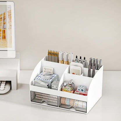 COMFYROOM Desk Organizer with 6 Compartments and 2 Drawers, Plastic Makeup Organizer, Pen Holder for Desktop Storage, Desk Organization for School, Home, Office Supplies (White-2Pack)