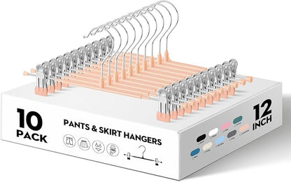 Pants Hangers with Clips 10PACK Adjustable Skirt Hangers for Women Metal Non-Slip Trousers Hanger Heavy Duty Space Saving Clothes Hanger for Shorts,Jeans,12Inch Coral Pink