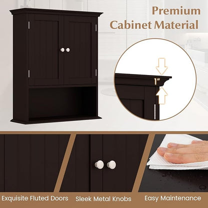 Giantex Wall Mounted Medicine Cabinets - Above Toilet Bathroom Cabinet with Adjustable Shelf, Open Shelf, Over The Toilet Space Saver Storage Cabinet for Laundry Room, Kitchen, Cupboard (Brown)