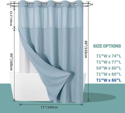 Teal Extra Long No Hook Waffle Weave Shower Curtain with snap-in Liner Replacement, 230GSM Waterproof Fabric Hotel Shower Curtain Set for Bathroom, Through Mesh Top Window,71Wx86H