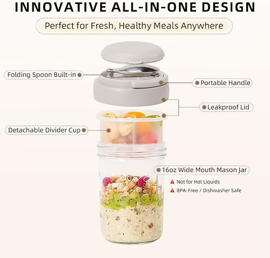 UWILLION Overnight Oats Containers with Handles, 16 oz Glass Mason Jars with Lids, Folding Spoons & Topping Compartments, Yogurt Parfait Cups for Meal Prep, Chia Pudding, Breakfast to Go, 2 Pack