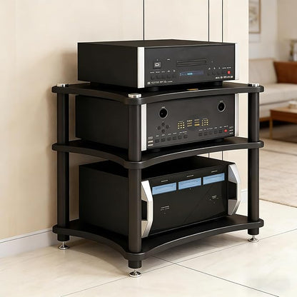 Heavy Duty Audio Component Rack, Large Storage Space AV Media Stand with Shock-Absorbing Foot pegs, Audio Rack Tower CD Player Stand for Home/Office/Audio Video/Theate (Black, 3rd)