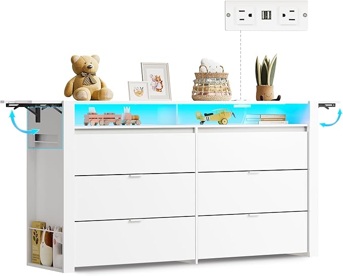 WLIVE 78 Inch LED Dresser for Bedroom, White Dresser with Charging Station, Large Chest of Drawers Expandable with Flexible Shelves and Hanging Rack, Wood Dressers for Closet, Living Room (85" TV)