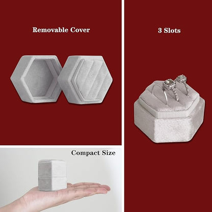 Wedding Ring Box 3 Slots - Hexagon Velvet Ring Box, Detachable Lid Three Slots Jewelry Ring Gift Box, Gorgeous Vintage Premium Ring Bearer Boxes for Proposal Engagement