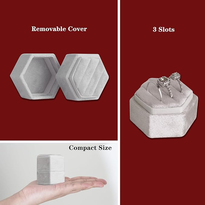 Wedding Ring Box 3 Slots - Hexagon Velvet Ring Box, Detachable Lid Three Slots Jewelry Ring Gift Box, Gorgeous Vintage Premium Ring Bearer Boxes for Proposal Engagement (Beige)