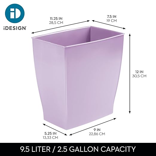iDesign Small Plastic Bathroom Trash Can, Slim Rectangle Garbage Bin for Bedroom, Office, Dorm, Purple