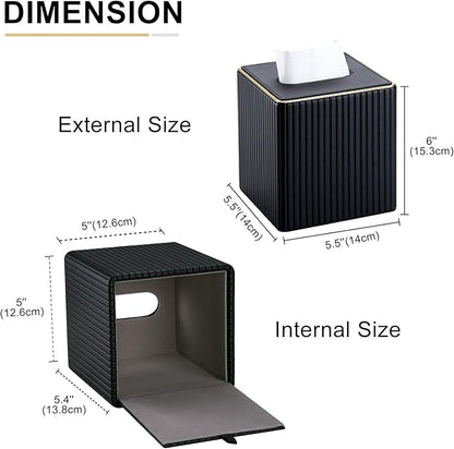 KINGFOM Tissue Box Cover, PU Leather Square Tissue Box Holder for Kleenexs with Magnetic Bottom Cover for Facial Tissues/Napkins, Office & Living Room Decor Box Black