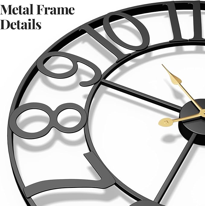 Large Wall Clock, 20 Inch Decorative Wall Clocks for Living Room, Modern Metal Battery-Operated Arabic Numerals Round Black Clock Silent Non Ticking for Kitchen Mantel Bedroom Office