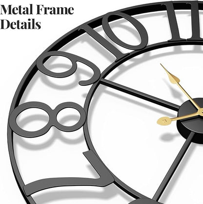 Large Wall Clock, 20 Inch Decorative Wall Clocks for Living Room, Modern Metal Battery-Operated Arabic Numerals Round Black Clock Silent Non Ticking for Kitchen Mantel Bedroom Office
