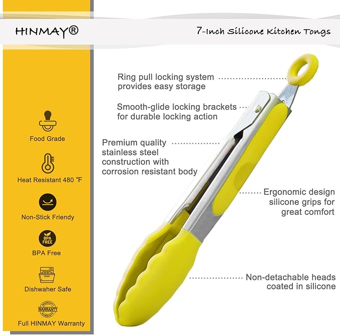HINMAY Small Appetizer Tongs 7-Inch Silicone Tipped Kitchen Tongs, Set of 3 (Yellow)