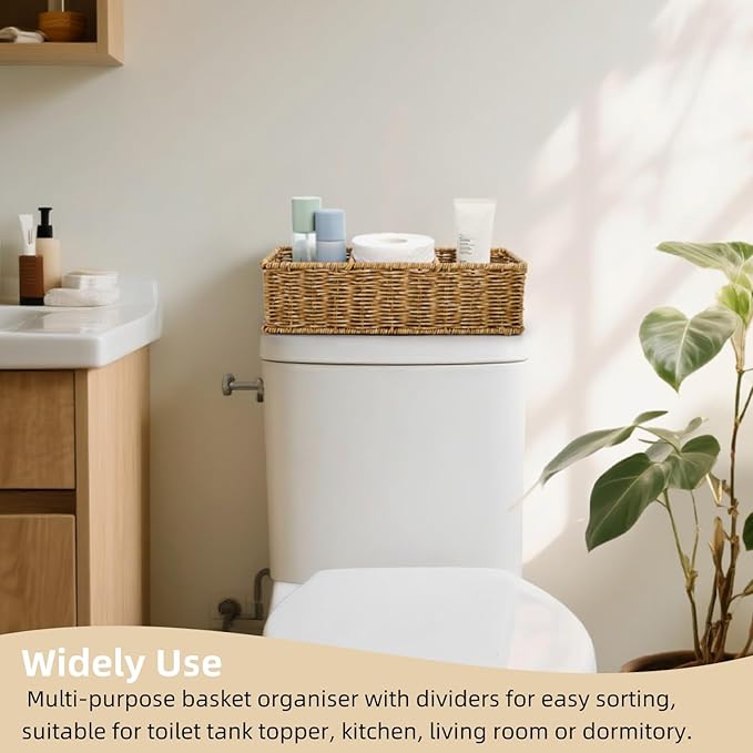 2 Pack Wicker Storage Basket, 3 Compartments Plastic Toilet Tank Topper Woven Basket, Rattan Storage Container Countertop Organizer for Bathroom Bedroom Decor, Tan