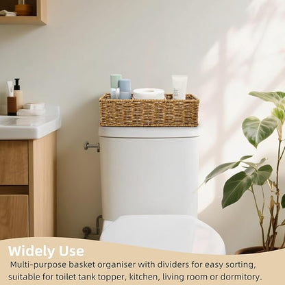 2 Pack Wicker Storage Basket, 3 Compartments Plastic Toilet Tank Topper Woven Basket, Rattan Storage Container Countertop Organizer for Bathroom Bedroom Decor, Tan