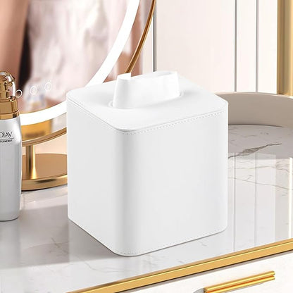 MEIBOOCH PU Leather Tissue Box Cover with Magnetic Closure, Square Tissue Box Holder with Rounded Edges Design (Cream-White, Square)