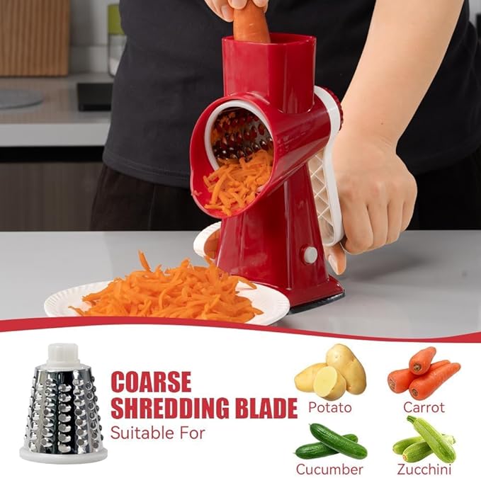 KEOUKE Rotary Cheese Grater Pro 6 in 1 - Shredder Crinkle Slicer Grinder Ice Shaver, Stable Suction, Time-saving Easy Use & Clean, Safe Morden Kitchen Tool for Cheese, Vegetable, Nuts, Chocolate