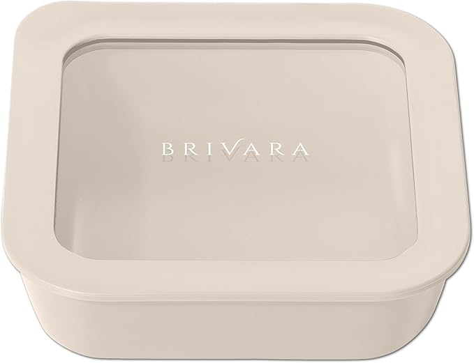 BRIVARA HOME Ceramic Coated Glass Food Storage Container | No PTFE, PFOA, PFAS, and BPA | Reusable Non Toxic Meal Prep Container with Glass Lid | Easy To Store | 2.5 Cup Square [Crema]