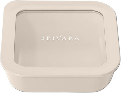 BRIVARA HOME Ceramic Coated Glass Food Storage Container | No PTFE, PFOA, PFAS, and BPA | Reusable Non Toxic Meal Prep Container with Glass Lid | Easy To Store | 2.5 Cup Square [Crema]