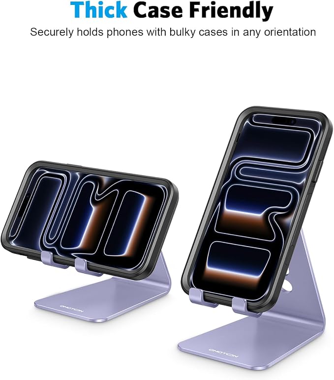 OMOTON Adjustable Cell Phone Stand, C2 Aluminum Desktop Cellphone Stand with Anti-Slip Base and Convenient Charging Port, Fits All Smart Phones, Haze Purple