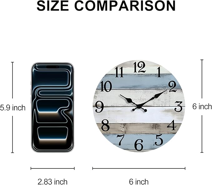 JoFomp 6 Inch Wooden Wall Clocks Battery Operated, Silent Wall Clock Non Ticking, Coastal Country Design Rustic Wall Clocks for Living Room Decor, Small Wall Clock for Bedroom Kitchen Bathroom