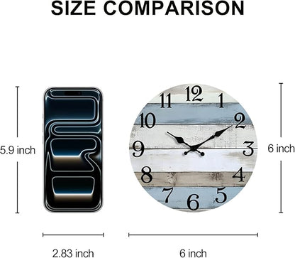 JoFomp 6 Inch Wooden Wall Clocks Battery Operated, Silent Wall Clock Non Ticking, Coastal Country Design Rustic Wall Clocks for Living Room Decor, Small Wall Clock for Bedroom Kitchen Bathroom