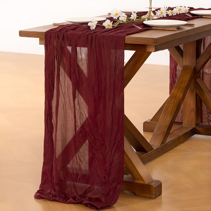 Socomi 6pcs Burgundy Red Valentine's Day Cheesecloth Table Runner Boho Rustic Gauze 120 inch 10FT Cheese Cloth Runner for Wedding Party Baby Shower Birthday Home Decor Holiday Decorations