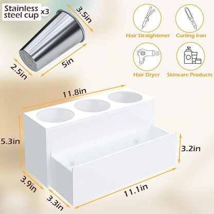 Hair Tool Organizer, Removable Blow Dryer Holder for Bathroom, Hot Tools Organizer For Hair Dryer, Blow Dryer, Curling Iron, Hair Straightener, Bathroom Countertop Organizer, Glossy White