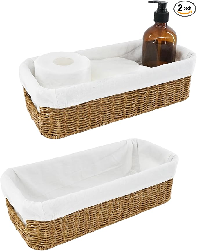 YRMT Rattan Toilet Tank Basket Toilet Paper Storage Baskets for Bathroom Handwoven Toiletry Countertop Organizer Water-Resistant Home Decor 14" x 6" x 4" (Rattan)