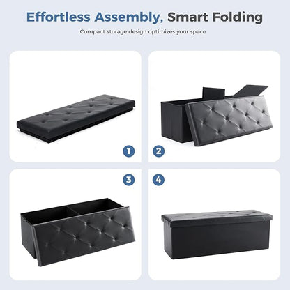 DUMOS 43 Inches Foldable Storage Ottoman Bench, Foot Rest Stool, Synthetic Leather Storage Chest with Thicker Foam Padded Seat for Entryway Living Room, Modern Black