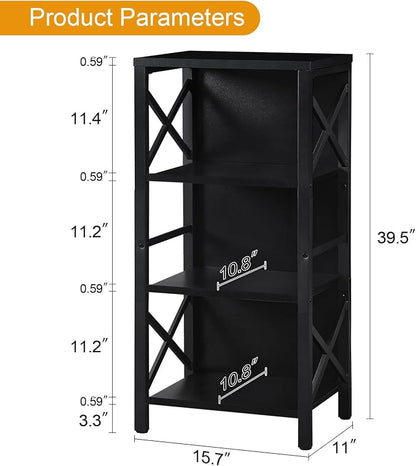 MNEETRUNG Small Bookshelf,4 Tier Industrial Bookcase with Metal Frame and Backboard,Narrow Black Book Shelf,Office Book case for Small Spaces,Living Room,Bedroom and Home Office