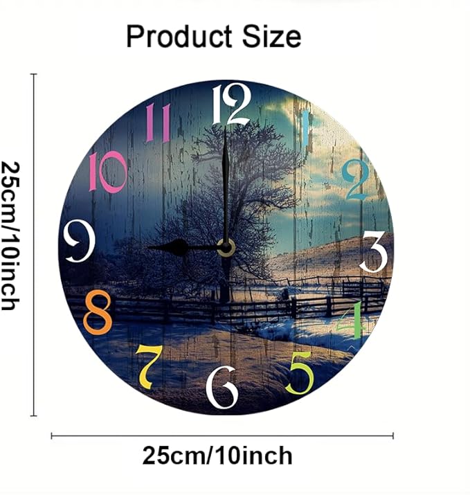 Winter Scenery Wall Clock 10 Inch Silent Non Ticking Battery Operated Wooden Modern Office Simple Minimalist Clock Decorative for Kitchen Home Bathroom Living Room
