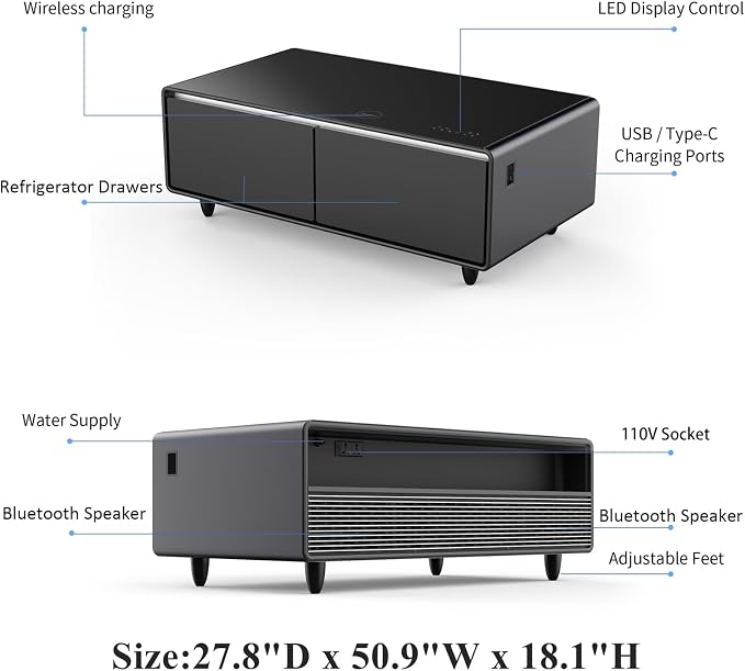 Smart Coffee Table with Fridge and Bluetooth, Wireless Charger | Smart Refrigerator Table with Atmosphere Light & Control Panel & Outlet Protection & USB Ports, LT135 Pro-Black