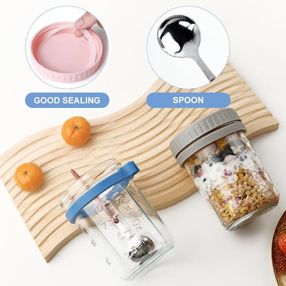 SUROQUE Overnight Oats Containers with Lids and Spoons - 4 Pack 16oz Glass Mason Jars, Leakproof Meal Prep Storage