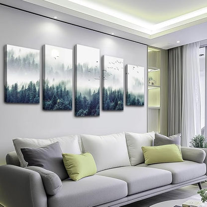 Canvas Wall Art For Living Room Wall Decorations For Bedroom Modern Office Wall Decor Foggy Forest Trees Landscape Paintings Stretched And Framed Ready To Pictures Home Decor 5 Piece Set W60”x H30”