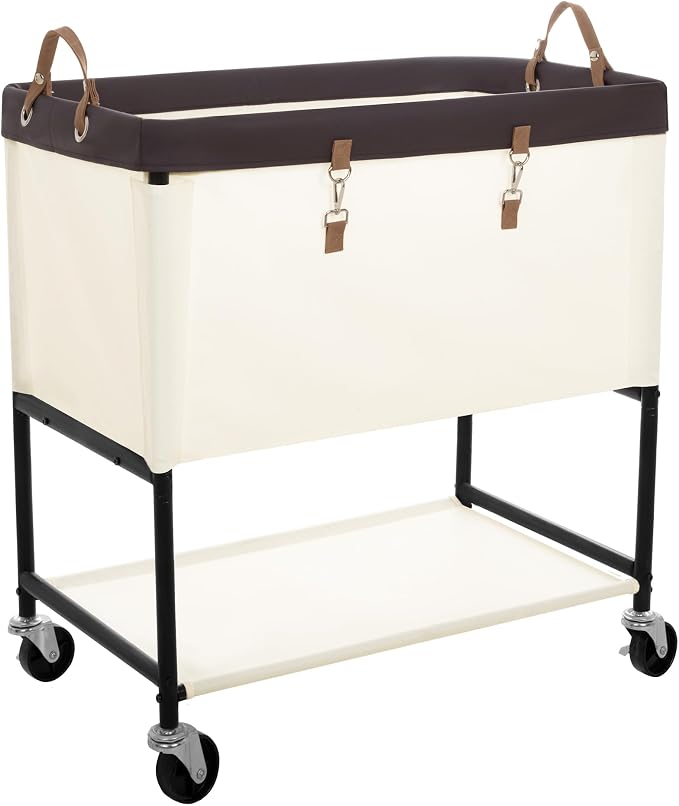StorageWorks Laundry Cart, 2 Tier Rolling Laundry Basket, Heavy Duty Laundry Basket with Lockable Wheels, Laundry Room Organization and Storage, Clothes Hamper for Bedroom, Dorm, Closet, 46Gal, Beige