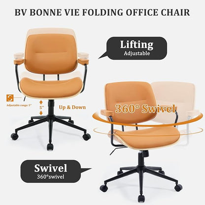 BV Mid Century Modern Office Chair Set of 1, Swivel Rolling Deak Chair with Armrests and Walnut Back, Adjustable Desk Chair for Home Office, Brown