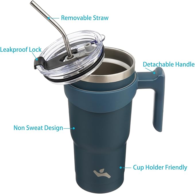 20 oz Tumbler with Handle and 2 Straw 2 Lid, Insulated Water Bottle Stainless Steel Vacuum Cup Reusable Travel Mug, Navy Blue