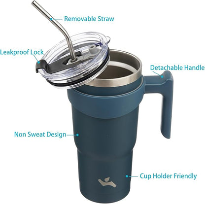 20 oz Tumbler with Handle and 2 Straw 2 Lid, Insulated Water Bottle Stainless Steel Vacuum Cup Reusable Travel Mug, Navy Blue