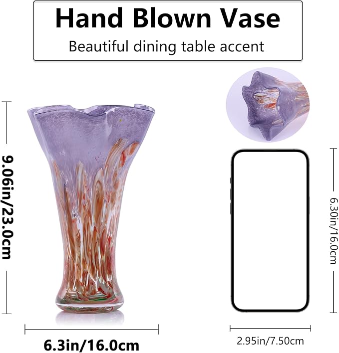 9.0" H Red Glass Vases for Flowers, Hand Blow Glass Vase Red Home Decor, Wide Mouth Blue Flower Vase Centerpieces, for Bookshelf,Dinner Table,Indoor Office Desktop,Meeting Room,Bathroom,Countertop