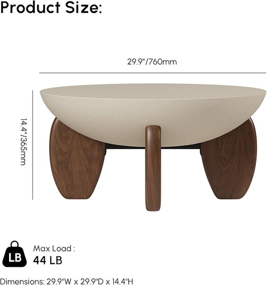 homary 30" Round Coffee Table, Modern Concrete Center Table with Walnut Ash Wood Legs, Minimalist Cement Finish for Living Room