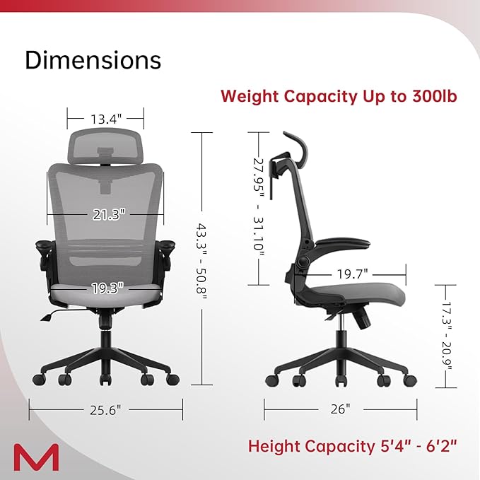 Office Chair, Ergonomic Desk Chair with Adjustable Lumbar Support, High Back Mesh Computer Chair with Flip Up Armrests and Headrest, Executive Task Chair for Home Office Study, 300LBS Capacity