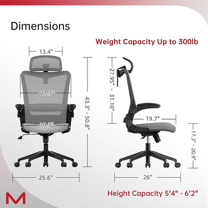 Office Chair, Ergonomic Desk Chair with Adjustable Lumbar Support, High Back Mesh Computer Chair with Flip Up Armrests and Headrest, Executive Task Chair for Home Office Study, 300LBS Capacity