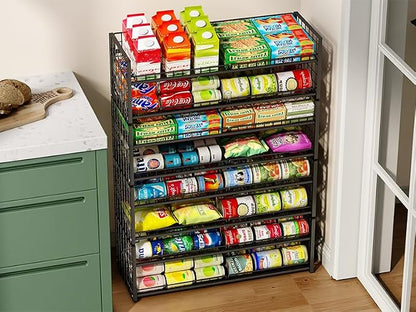 3 Tier Stackable Can Rack Organizer for Pantry Shelf, Adjustable Extra-Long Can Holder for Kitchen Storage, Sturdy Standing Rolling Can Dispenser for Canned Food Goods Drink Soup up to 96, Black