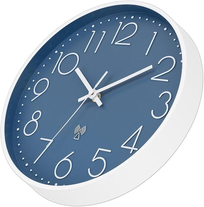Foxtop Atomic Wall Clock Battery Operated Round Analog Modern Wall Clock Sets Automatically for Office Classroom Bedroom Kitchen Living Room (Cerulean)