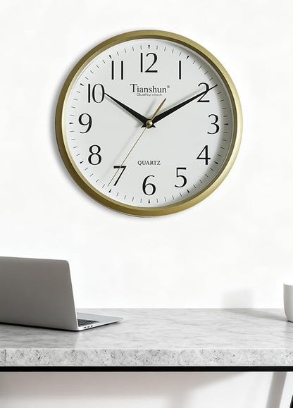 Wall Clock Silent Non-Ticking Battery Operated Small 10 Inch Modern Easy to Read for Living Room Bedroom Kitchen Office Decor (Gold)