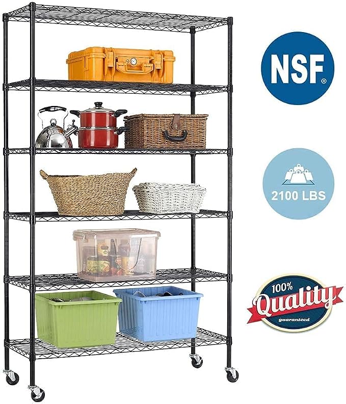 FDW | 6-Tier Wire Storage Shelves with Wheels | 45"x18"x82" | Black | Adjustable Racks | Heavy-Duty Metal Shelf, Holds Upto 2100 lbs | Tool-Free Assembly, Rust-Resistant | for Home & Garage Shelving