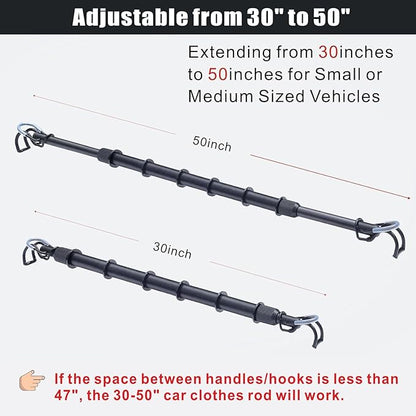 Car Clothes Hanger Bar Adjustable Garment Rack 30''-50'' Heavy-Duty Hanger Rod for Small or Medium Vehicles Travel Closet Black Metal Pole for Auto Clothing Organizers & Storage (Hold up to 120lbs)