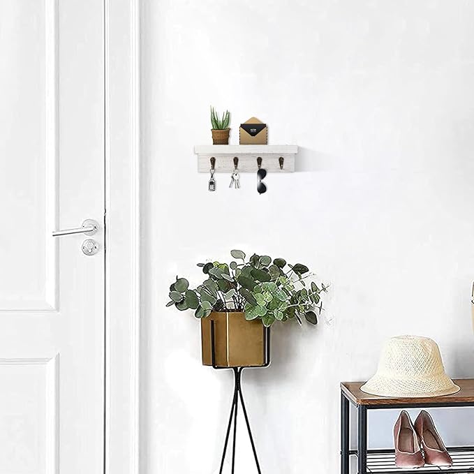 Rustic Key Holder for Wall, Farmhouse Wall Shelf with 4 Hooks, Wall Mounted Key Racks, Wooden Mail Organizer with Hooks for Entryway (White)