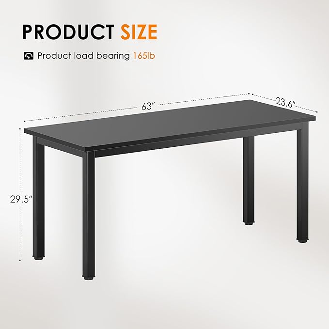 DlandHome Computer Desk, 63 Inch Home Office Desk, Gaming Writing Work from Home Study Desk with Thicken Frame & Large Legroom, Modern Simple Workstation Business Furniture for Home Office, Black
